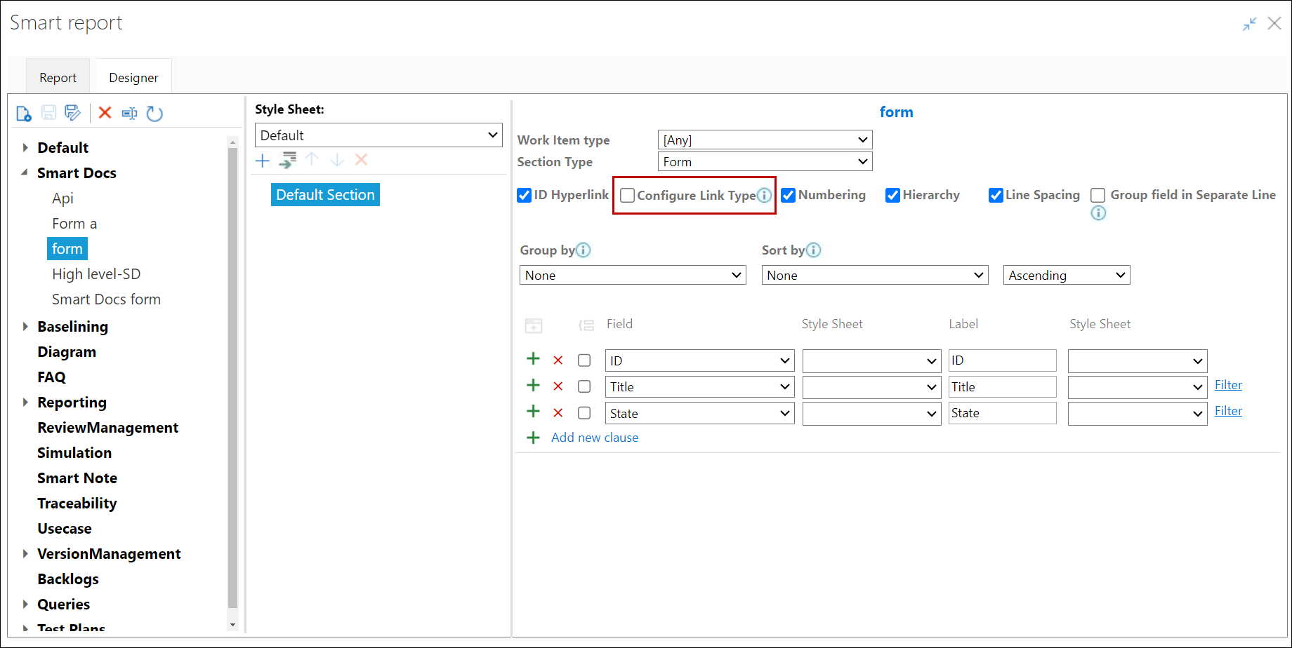 Field & Link Type Filter Support in Smart Report