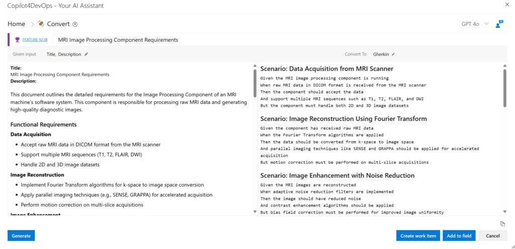UI of Copilot4DevOps generating a Gherkin from a work item.
