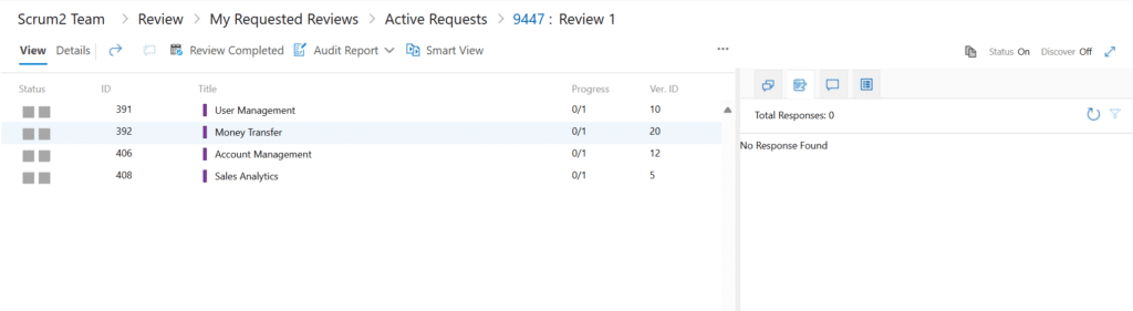 UI of Modern Requirements4DevOps' requirements review functionality.