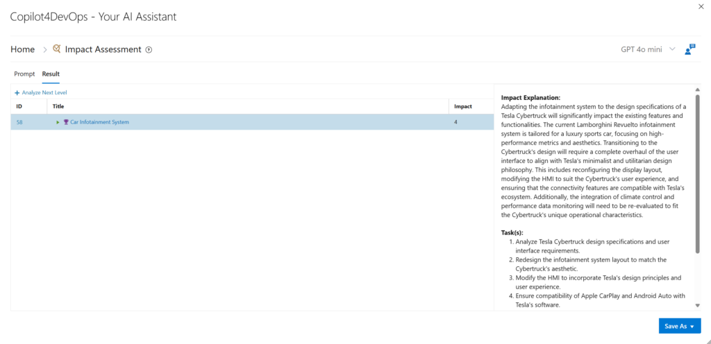 UI of Copilot4DevOps Plus showing the Impact Assessment functionality.