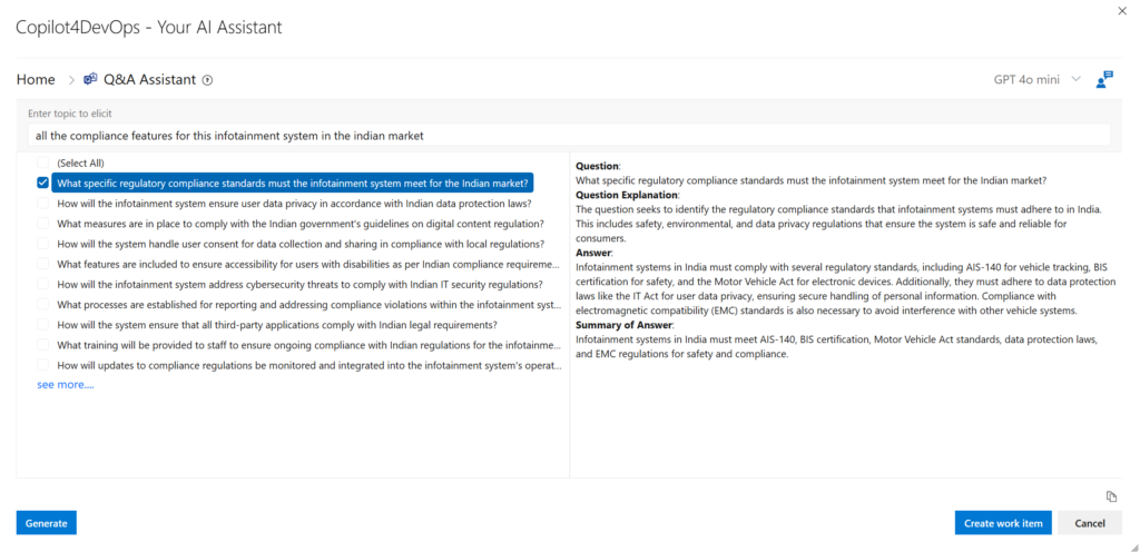 UI of COpilot4DevOps Plus showing the Q&A function