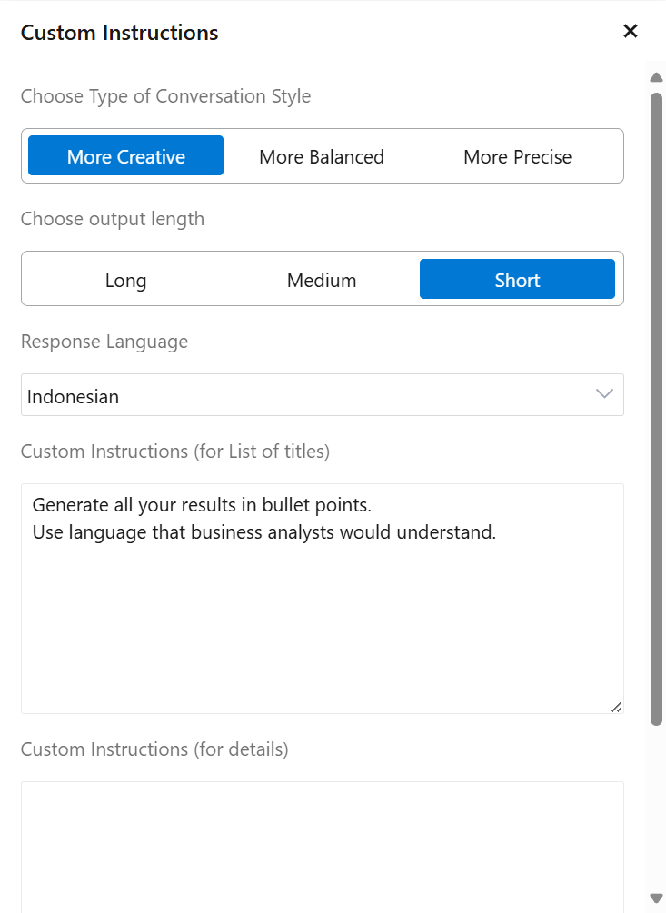 UI of Copilot4DevOps Plus showing the custom instructions functionality.