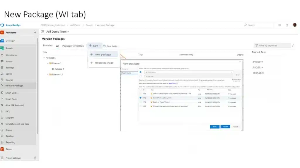 UI of version and variant management in Modern Requirements4DevOps.