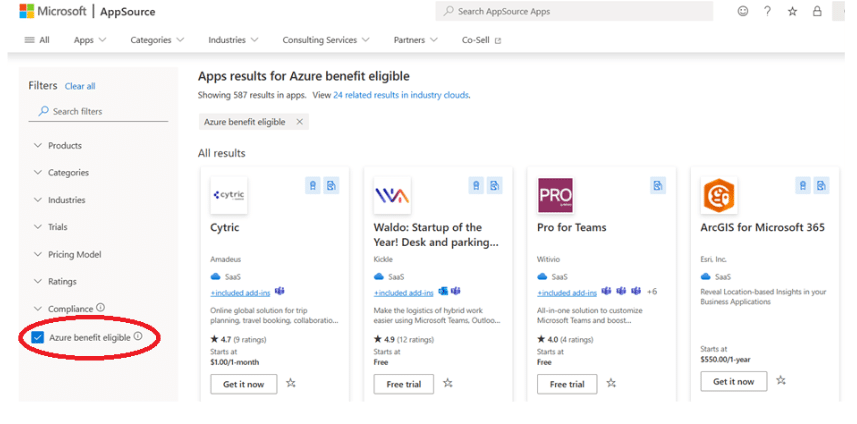 Azure Marketplace screenshot encircling where MACC benefits are available