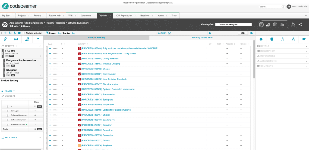 UI of Codebeamer by Intland showing work items on the right panel.