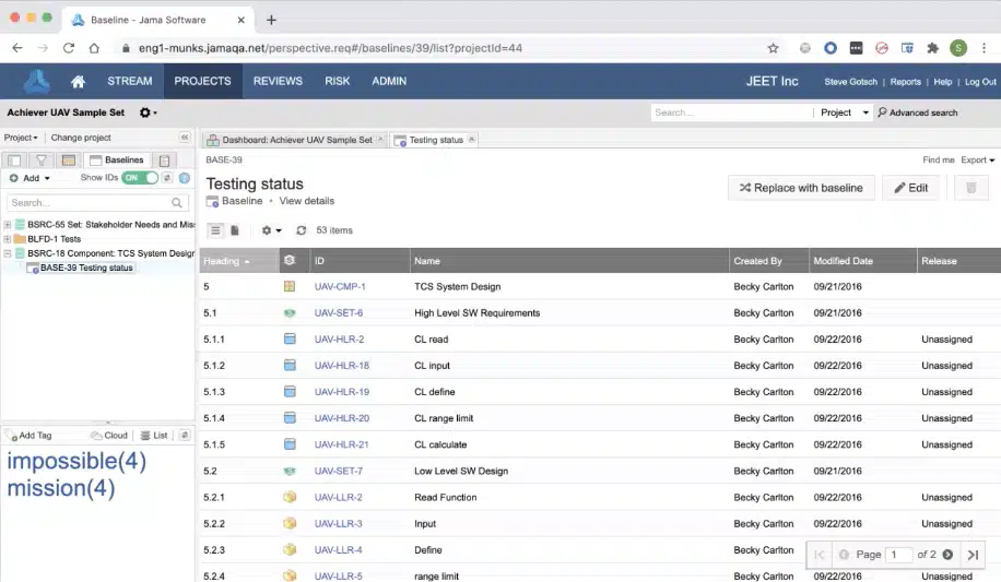 UI of Jama Connect software, showing foldering on the left and tests on the right.