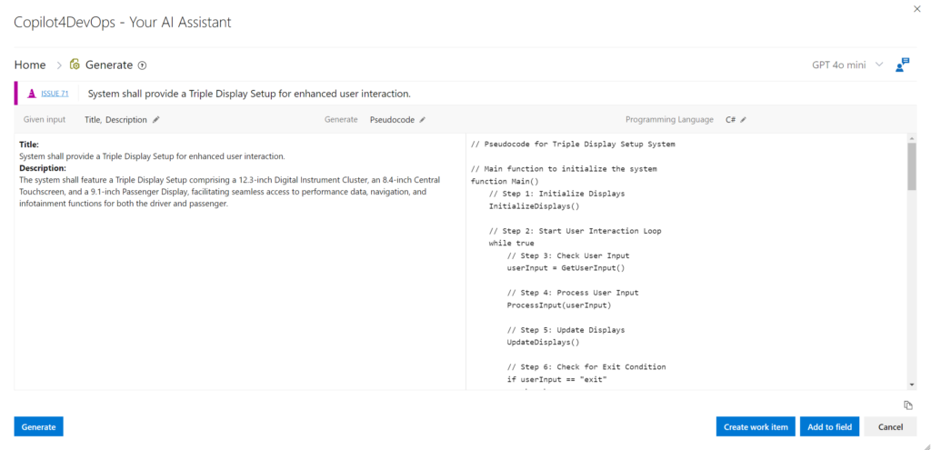 UI of Copilot4DevOps Plus showing original work item on the left and pseudocode on the right.