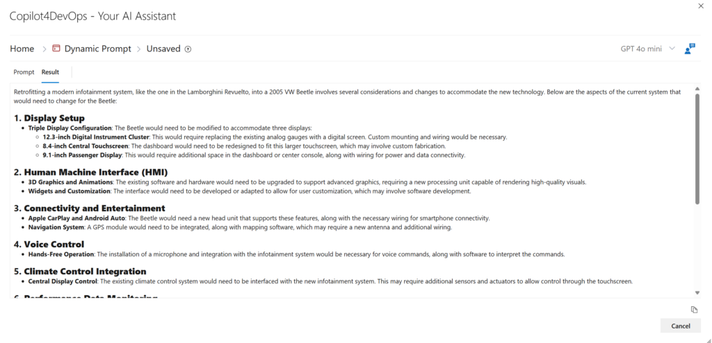 UI of Copilot4DevOps Plus showing the results of dynamic prompt.