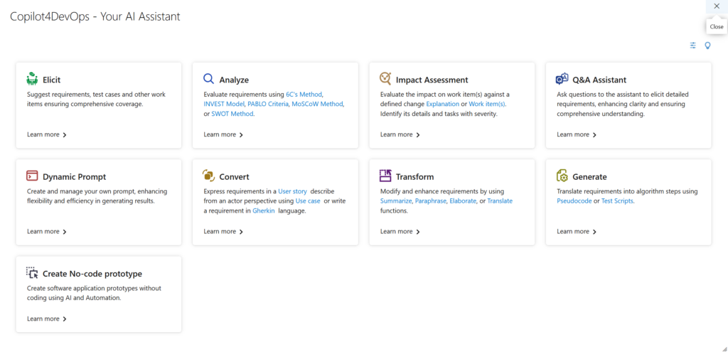 UI showing the feature selection screen for Copilot4DevOps.